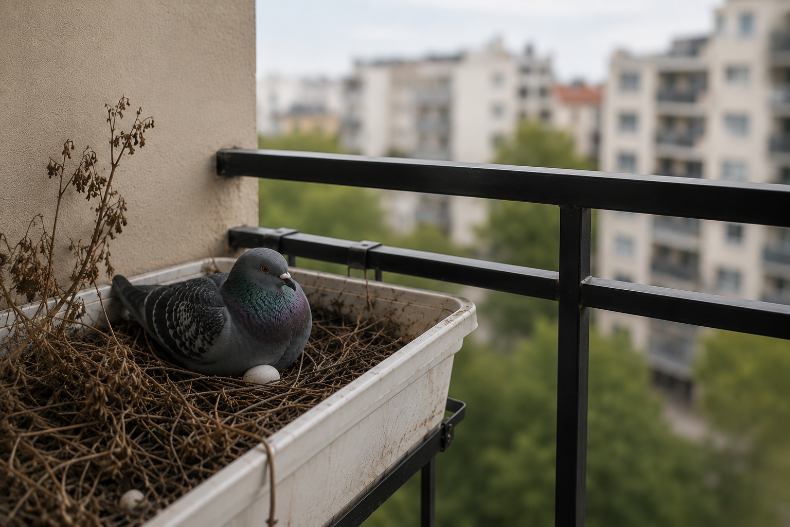 Stadttaube auf einem Balkon mit Nest und Eiern