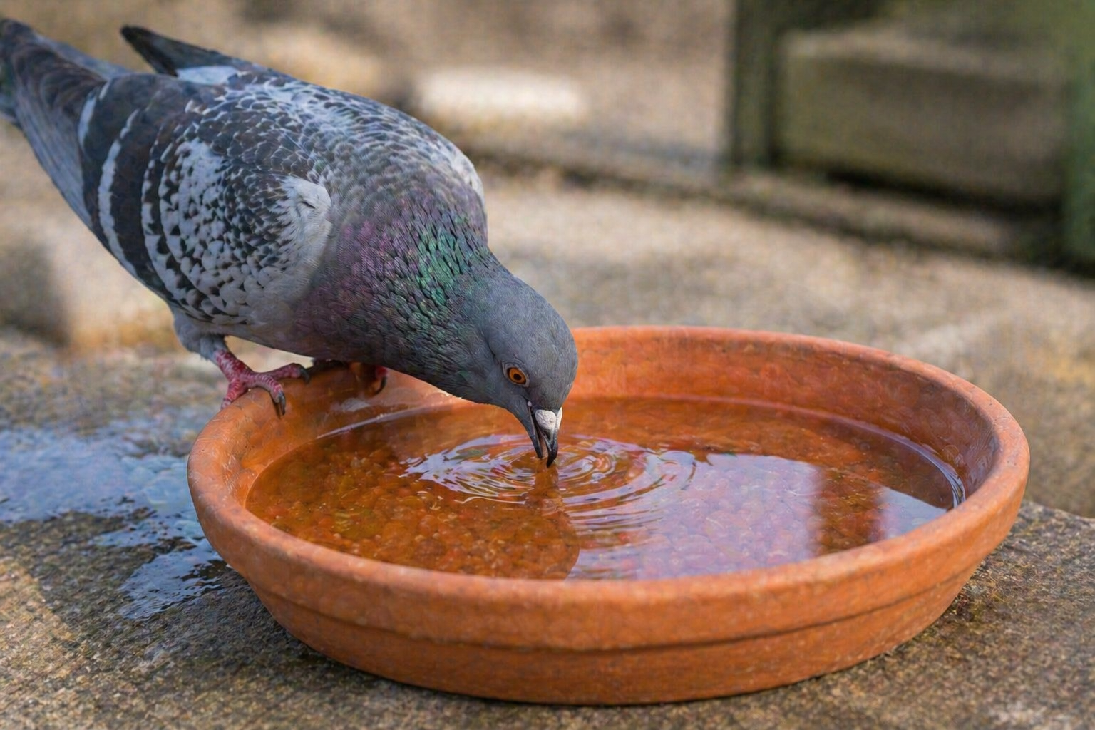 Stadttaube trinkt frisches Wasser